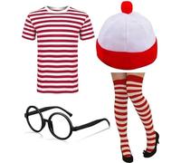 GREY LOOK Costume d'explorateur pour adultes « Find Me if You Can » unisexe avec t-shirt à rayures rouge/blanc avec chapeau, lunettes, cache-jambes OTK pour la semaine du livre (lot de 4 t-shirts +