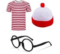 GREY LOOK Costume d'explorateur pour adultes « Find Me if You Can » unisexe avec t-shirt à rayures rouge/blanc avec chapeau, lunettes, cache-jambes OTK pour la semaine du livre (lot de 3 t-shirts +