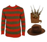 GREY LOOK Costume d'Halloween de Freddy Krueger pour homme avec chapeau et gants griffes, costume d'Halloween (Freddy 3 pièces (pull + chapeau + gant), taille XXL