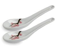 Grey Series ASIATICA-Sakura - Lot de 2 cuillères en porcelaine asiatique - 14,5 cm - Cuillère à riz - Cuillère à soupe, cuillère de service, cuillère à dessert - Lot de 2 cuillères à ramen - Fleurs de