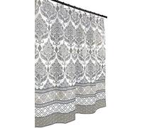 Grey Taupe White Fabric Shower Curtain: Floral Damask with Geometric Border Design (Darian)