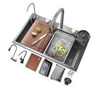 Grey Waterfall Kitchen Sink - Single Bowl with Glass Rinser Pull-out Faucet Drain Strainer & Accessories - Easy to Clean 80 x 45 x 22 cm Modern Design for Stylish Kitchens