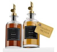 Greymount ® Lot de 2 bouteilles d'huile en verre de 500 ml avec bec verseur doré noir pour huile d'olive, vinaigre et plus encore, anti-fuite et anti-gouttes, avec 27 étiquettes et entonnoir