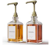 GREYMOUNT ® Lot de 2 distributeurs de sirop - 500 ml - En verre - Avec pompes doseuses dorées - Pour café, cocktails et plus encore - Anti-fuite et anti-goutte - Avec 24 étiquettes et entonnoir