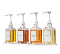 GREYMOUNT ® Lot de 4 distributeurs de sirop - 500 ml - En verre - Avec pompes doseuses - Blanc - Pour café, cocktails et plus encore - Anti-fuite et anti-goutte - Avec 48 étiquettes et entonnoir