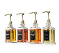 GREYMOUNT ® Lot de 4 distributeurs de sirop - 500 ml - En verre - Avec pompes doseuses dorées - Pour café, cocktails et plus encore - Avec 48 étiquettes et entonnoir