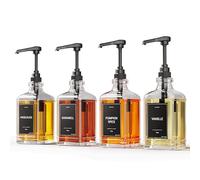 GREYMOUNT ® Lot de 4 distributeurs de sirop - 500 ml - En verre - Avec pompes doseuses - Noir - Pour café, cocktails et plus encore - Avec 48 étiquettes et entonnoir