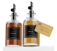 Greymount ® Set de distributeurs d'huile - Pack de 2 bouteilles de 500 ml en verre avec bec verseur noir pour huile d'olive, vinaigre et plus | Anti-fuites et anti-goutte | Inclus 27 étiquettes et