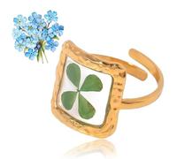 GRFFZX 7PCS Stainless Steel Gold Eternal Flower Ring, Handmade Dried Flower Statement Ri ng, Dried Flo wer Ring for Women, 18k Gold Plated Adjustable Pressed Blossom Flowers Open Band Rings (DD)