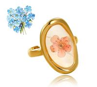 GRFFZX 7PCS Stainless Steel Gold Eternal Flower Ring, Handmade Dried Flower Statement Ri ng, Dried Flo wer Ring for Women, 18k Gold Plated Adjustable Pressed Blossom Flowers Open Band Rings (EE)