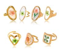 GRFFZX 7PCS Stainless Steel Gold Eternal Flower Ring, Handmade Dried Flower Statement Ri ng, Dried Flo wer Ring for Women, 18k Gold Plated Adjustable Pressed Blossom Flowers Open Band Rings (7PCS)