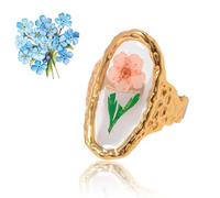 GRFFZX 7PCS Stainless Steel Gold Eternal Flower Ring, Handmade Dried Flower Statement Ri ng, Dried Flo wer Ring for Women, 18k Gold Plated Adjustable Pressed Blossom Flowers Open Band Rings (BB)
