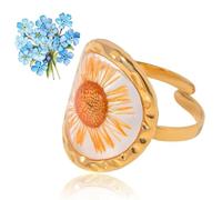 GRFFZX 7PCS Stainless Steel Gold Eternal Flower Ring, Handmade Dried Flower Statement Ri ng, Dried Flo wer Ring for Women, 18k Gold Plated Adjustable Pressed Blossom Flowers Open Band Rings (AA)