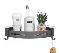 GRICOL Étagère d'angle en métal avec 2 crochets - Sans perçage - Étagère de douche pour salle de bain et cuisine - Gris