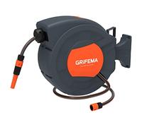 GRIFEMA G301-25, Enrouleur Tuyau Arrosage Mural 25m+2m, Rotation à 180 °, Complet avec Pistolet, Raccords, Tuyau et Support Mural