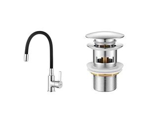 GRIFEMA G4002-2, Mitigeur Évier avec Bec Flexible, Robinet de Cuisine, Cuisine Mitigeur Flexible & IBERGRIF M20502 vidage Salle de Bain, Bonde de Lavabo Pop Up, Chromé, Argent