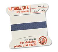 GRIFFIN Fil à perles 100 % soie naturelle Bleu 2 m avec une aiguille Taille 0,35 mm