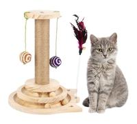 Griffoir en bois de sisal pour chats avec balles suspendues et jouet en plumes, piste à deux niveaux pour un jeu interactif, idéal pour les chatons et les chats d'intérieur