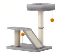 Griffoir pour Chat avec Lit, Griffoir Multifonctionnel avec Rampe de Grattage Pivotante, Perchoir, Toilettage Autonome, Pompons, Petit Arbre à Chat, Gris Clair [DU PLAISIR AU-DELÀ DU GRATTAGE]Ce griff