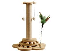 Griffoir pour chat en bois massif recouvert de sisal avec boules roulantes et casse-plume - Arbre à chat interactif pour jouer, gratter et se reposer - Aide à protéger les meubles