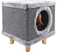 Griffoir robuste pour chat, petit 38cm, gris avec plume et lit Cabin I