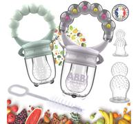 Grignoteuse bébé sans BPA | Kit complet 2 grignoteuses + 6 tetines [3 tailles] + brosse nettoyage | Dès 4 mois couleurs mixtes | Diversification cadeau bebe anneau dentition sucette 1er age