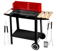 Gril à charbon - FIVE STAR GRILL&CHILL - 50 × 26,5 cm - Grilles chromées - Finition en bois - Roues de transport