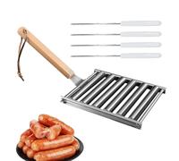 Gril pour Rouleau De Hot Dog en Acier Inoxydable - Support pour Rouleau De Saucisse - Accessoires De Barbecue en Acier Inoxydable avec Poignée en Bois Outils pour Maïs Cuisson Extérieure Et Barbecue