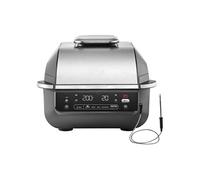 Ninja 5-en-1 Grill d’intérieur et friteuse sans huile, 5 modes, cuit jusqu’à 4 hamburgers, capacité 5,7 l, faible dégagement de fumée, thermomètre à viande numérique inclus, Noir/Argent, EG351EU