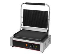 Grill Contact Électrique Panini 2200W - Plaques Large 340 x 230 mm - Supérieure Rainurée/Inférieure Lisse - Température 0 à 300°C - Bac Graisse Inox - Inox - 230V - Pour Viande, Sandwich, Snack