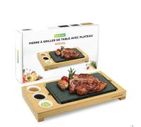 Grill de table - NUTRICHEF - Set Pierre Chaude Rectangle - Pierre granit 287°C - Plateau bambou et 3 bols - Thermostat réglable