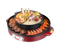 Grill Et Hot Pot Électrique 2 En 1 Appareil De Cuisson Multifonction 2000W 220V Plancha Électrique Avec Marmite, Hotpot Wok BBQ Grill D'intérieur Sans Fumée Pour 5-6 Personnes (Rouge)