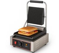 Grill Panini Électrique Professionnel 1800W - Plaques Fonte Rainurées - Température Réglable jusqu’à 300°C - Bac Graisse Inox - Structure Acier Inoxydable - Plaques 230 x 220 mm - 230V