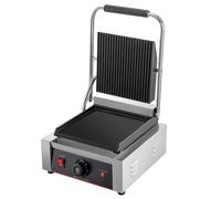Grill Panini Électrique Professionnel - Plaques Supérieures Rainurées et Inférieures Lisses - Température 0-300°C - 1.8 kW - Bac de Récupération Inclus - Compact et Puissant