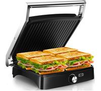 Grill Panini Multifonction-YASHE , Ouverture 180°, Plaques Antiadhésives, Température Réglable, Cuisson Rapide, Bac à Graisse, Inox