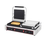 Grill Panini Professionnel Double 4,4 kW - Plaques Fonte 240 x 235 mm x 2 - Température 0-300°C - Bac Graisse Inox - Structure Acier Inoxydable - Suspension Supérieure Souple - 230V Monophasé