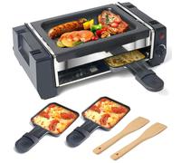 Grill Raclette 500W - Gril Électrique 2-en-1 Avec Plaque Antiadhésive & Contrôle De Température, Mini Barbecue De Table Avec 2 Poêlons À Raclette & Spatules En Bois Pour Famille & Fête