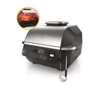 Ninja 5-en-1 Grill d’intérieur et friteuse sans huile, 5 modes, cuit jusqu’à 4 hamburgers, capacité 5,7 l, faible dégagement de fumée, thermomètre à viande numérique inclus, Noir/Argent, EG351EU