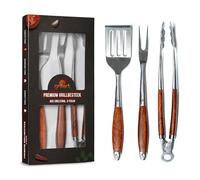 grillart® Set de 3 ustensiles de barbecue de qualité supérieure en acier inoxydable et poignées en bois élégantes - Pince à barbecue, spatule et fourchette à barbecue avec poignée extra longue