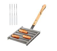 Grille à saucisse roulant en acier inoxydable avec support BBQ pour hot-dog et long manche en bois avec 4 broches pour gril extérieur, capacité de 5 hot-dogs, taille moyenne