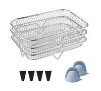 Grille Air Fryer, 3 Couches Empilables, Airryer Panier en Acier Inoxydable, Panier à Friteuse à Air Profond pour Four, 19 x 13 x 4,5 cm, Vec 4 Pieds De Silicone und 2 Gants Anti-Brûlures（Rectangle）
