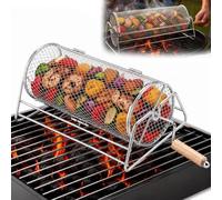 Grille Barbecue en inox 304 Rollender Grillkorb avec Poignée en Bois | Chauffage Uniforme à 360° Accessoire Barbecue Idéal Pour Gaz Charbon Fumoir Camping Pique Nique et Fêtes de Famille