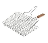 Grille de Barbecue Double Quadrillé Inox Poignée Bois Argent 22 x 34 cm GRILLE DE BARBECUE