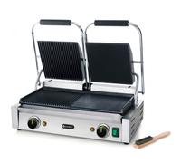 HENDI Gril de Contact Électrique Double, Plaque Panini Professionnel, Plaques Lisse et Rainurées en Fonte Émaillée, 230V, 3600W, 570x375x(H)216mm, Acier Inoxydable