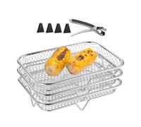 Grille de friteuse à air - Panier de gril empilable à 3 niveaux, support de cuisine en acier inoxydable, accessoires de four vapeur avec pince de préhension | Accessoire de friteuse multifonction pour