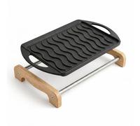 Grille en fonte émaillée réversible 2 en 1 - Série Reverse | Côté ondulé + Côté lisse | Avec support pour servir en bois de hêtre FSC | pour cuisine et barbecue | 35 x 25 cm