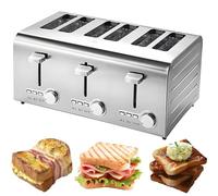 Grille-pain 2/4/6 tranches for usage professionnel et domestique, grille-pain en acier inoxydable, 7 vitesses réglables, ouverture automatique, avec plateau ramasse-miettes amovible, fonction congélat