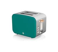 Swan Nordic Grille-pain à fente large 2 tranches 3 fonctions 6 niveaux de grillage Design moderne acier inoxydable et poignée effet bois Vert mat