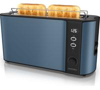 Grille-pain Arendo 2 tranches, fente longue, fente longue, acier inoxydable, 1000W, écran avec affichage du temps restant, support à petits pains, fonction dégivrage, boîtier thermo-isolant, bleu