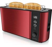 Grille-pain Arendo 2 tranches, fente longue, fente longue, acier inoxydable, 1000W, écran avec indication du temps restant, support à petits pains, fonction dégivrage, boîtier thermo-isolant, rouge